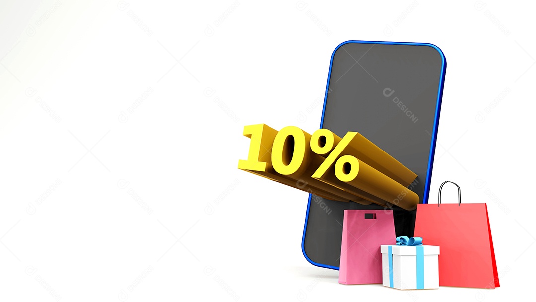 Símbolo de 10% com saco de compras e smartphone, fundo isolado de renderização 3D