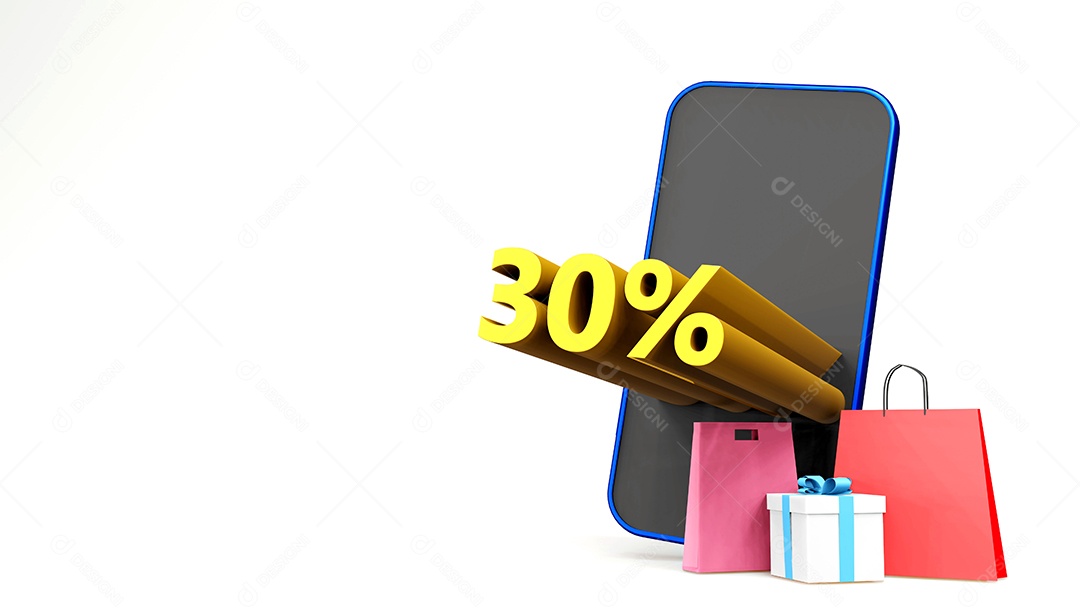 Símbolo de 30% com saco de compras e smartphone, fundo isolado de renderização 3D