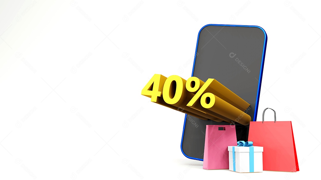 Símbolo de 40% com saco de compras e smartphone, fundo isolado de renderização 3D