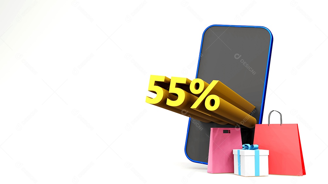 Símbolo de 55% com saco de compras e smartphone, fundo isolado de renderização 3D