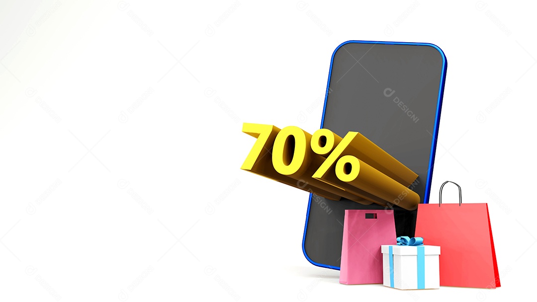 Símbolo de 70% com saco de compras e smartphone, fundo isolado de renderização 3D