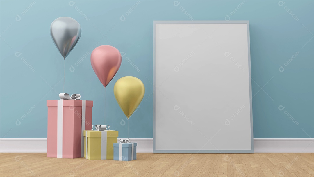 a caixa de presente com balão, renderização 3d