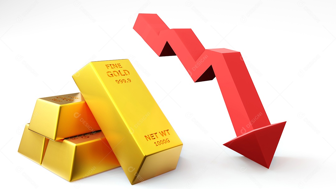 Três da renderização da barra de ouro de tijolos de ouro com gráfico Conceito financeiro