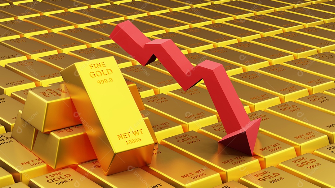 Três da renderização da barra de ouro de tijolos de ouro com gráfico Conceito financeiro