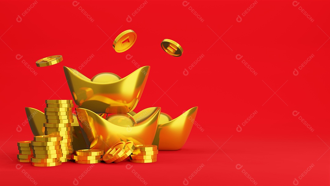 Moedas de ouro e lingote de ouro chinês em fundo vermelho, renderização em 3D