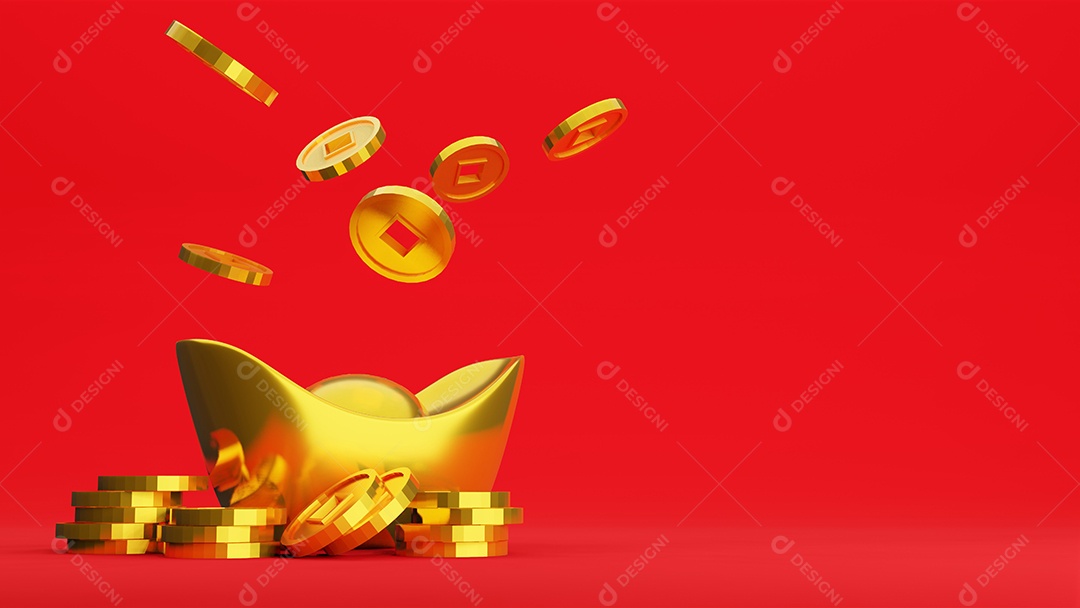 Moedas de ouro e lingote de ouro chinês em fundo vermelho, renderização em 3D