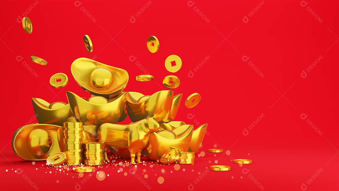 Moedas de ouro e lingote de ouro chinês em fundo vermelho, renderização em 3D