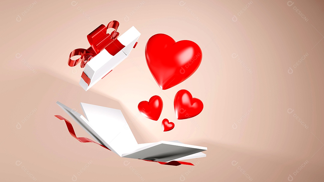 Coração vermelho com caixa de presente, renderização em 3D
