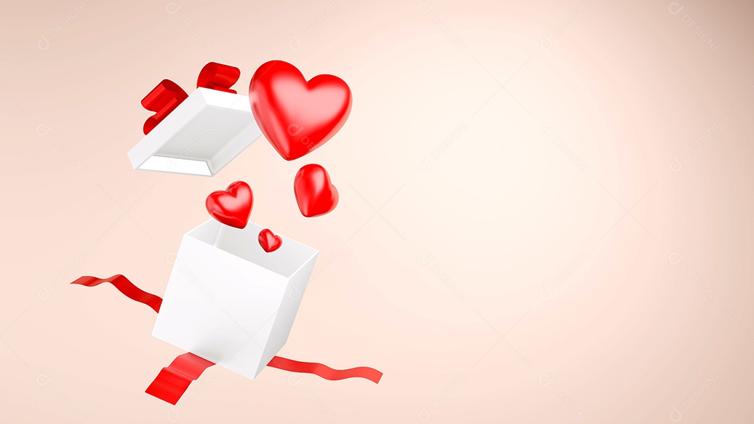 Coração vermelho com caixa de presente, renderização em 3D