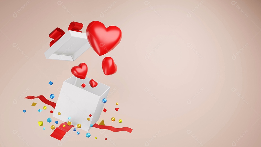 Coração vermelho com caixa de presente, renderização em 3D