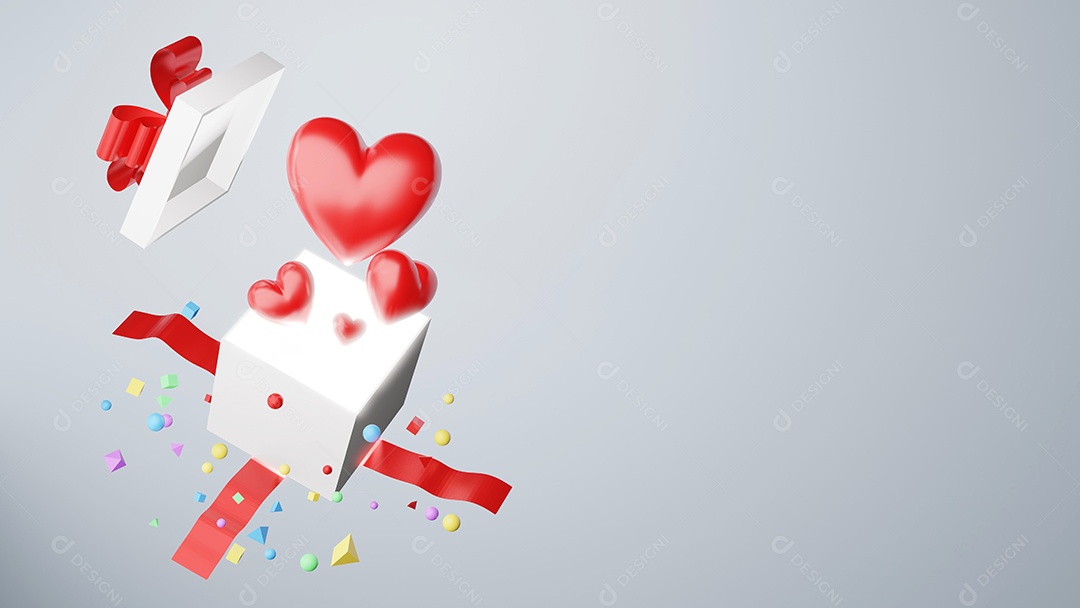 Coração vermelho com caixa de presente, renderização em 3D