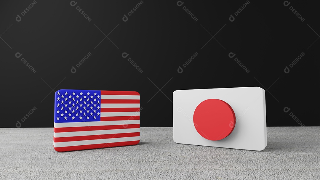 Bandeira quadrada dos Estados Unidos da América com bandeira quadrada do japão, renderização em 3d