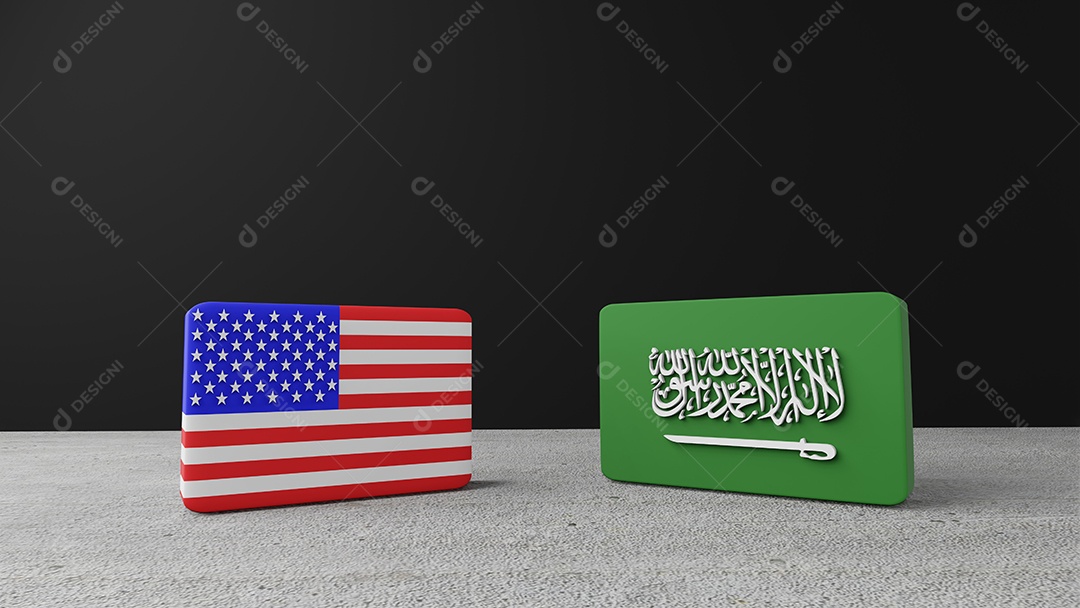 Bandeira quadrada dos Estados Unidos da América com bandeira quadrada da Arábia Saudita, renderização em 3d