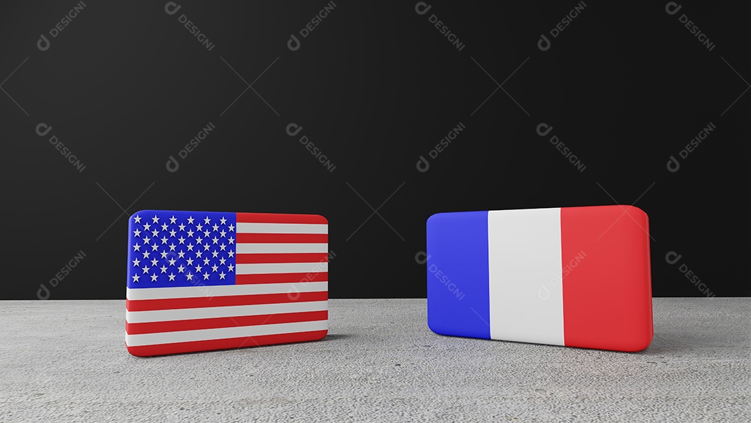 Bandeira quadrada dos Estados Unidos da América com bandeira quadrada da França, renderização em 3d