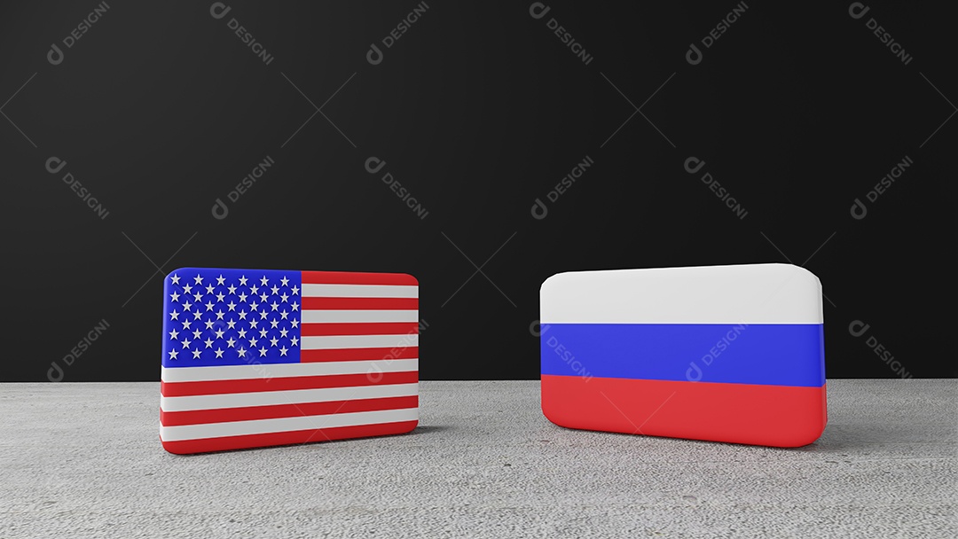 Bandeira quadrada dos Estados Unidos da América com a bandeira quadrada da Rússia, renderização em 3d