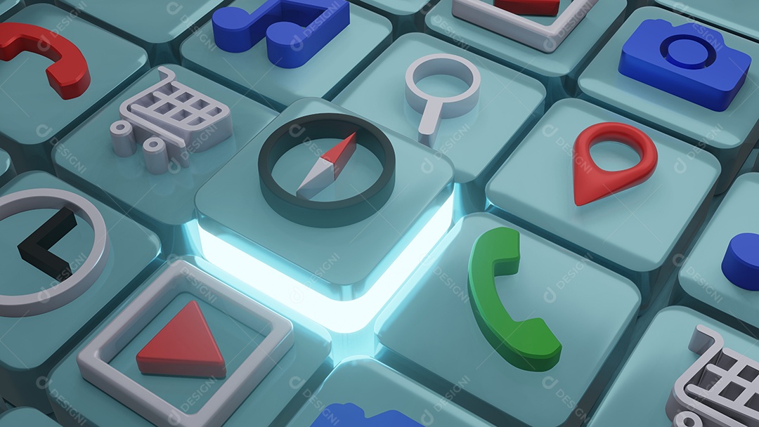 ícone de bússola em forma quadrada, renderização em 3d