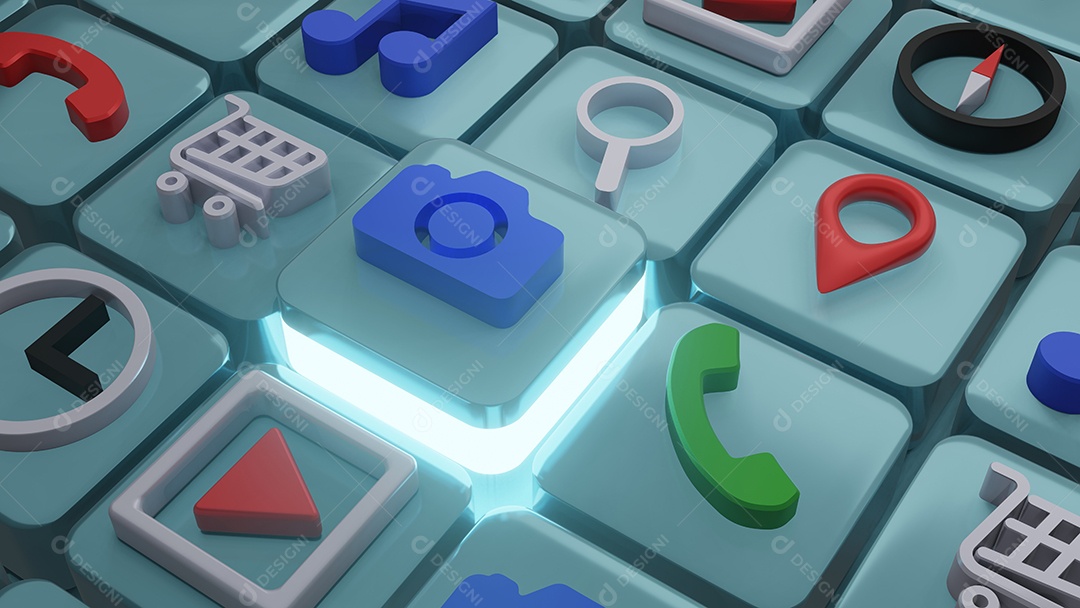 ícone de câmera em formato quadrado, renderização em 3d