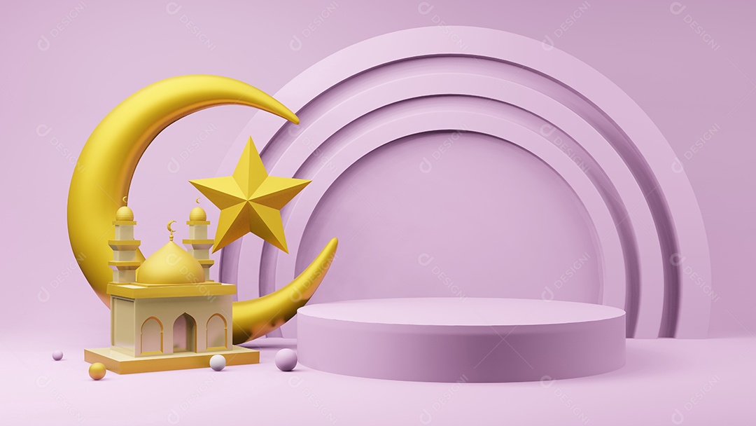 Lua crescente e estrelas rendição islâmica dourada do símbolo 3D