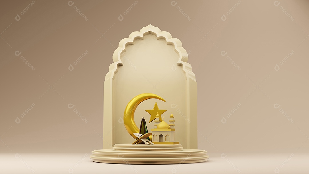 Lua crescente e estrelas douradas com símbolo islâmico 3D ren da mesquita