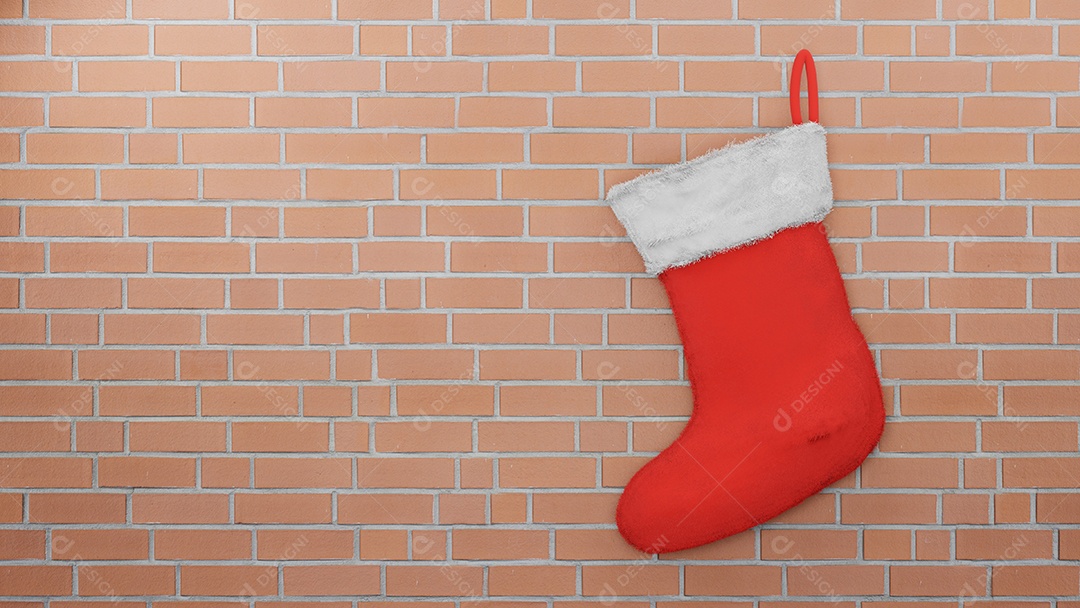 Meia vermelha de Papai Noel no fundo da parede de tijolos, renderização em 3D