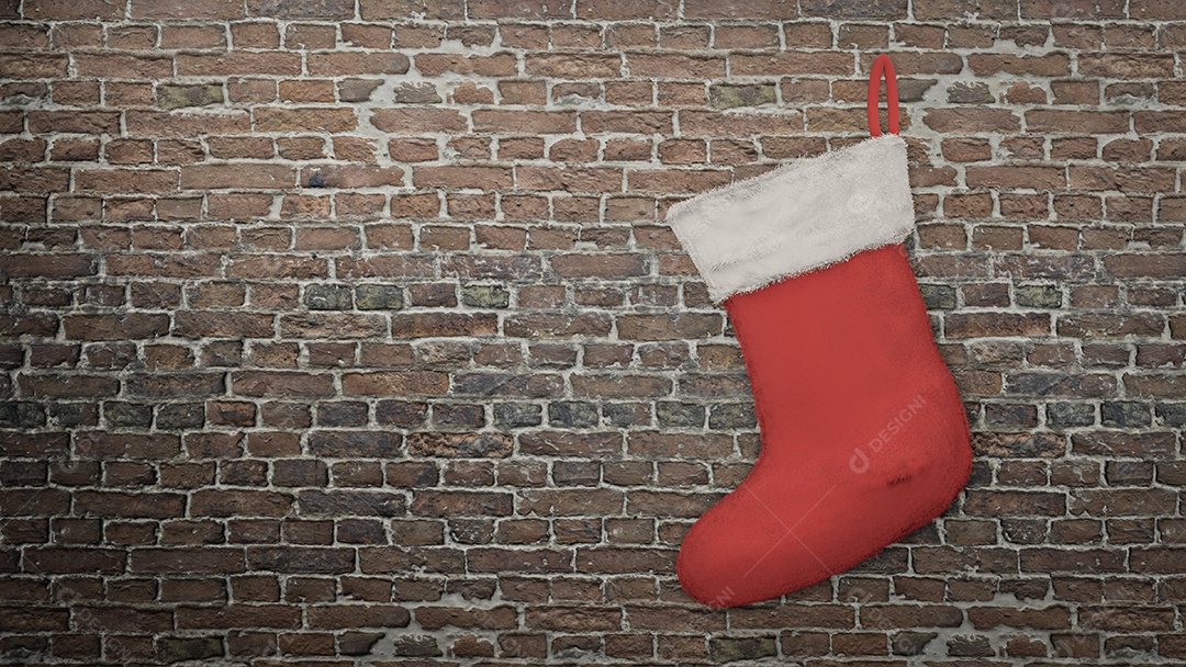 Meia vermelha de Papai Noel no fundo da parede de tijolos, renderização em 3D