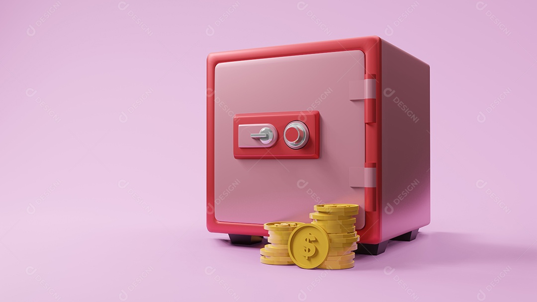 Vista de fonte de caixa segura com renderização 3d de moeda.