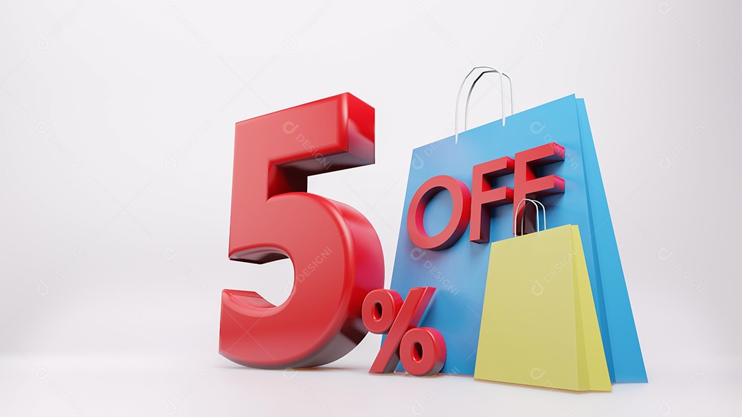 símbolo de 5% com sacola de compras, fundo isolado de renderização 3D