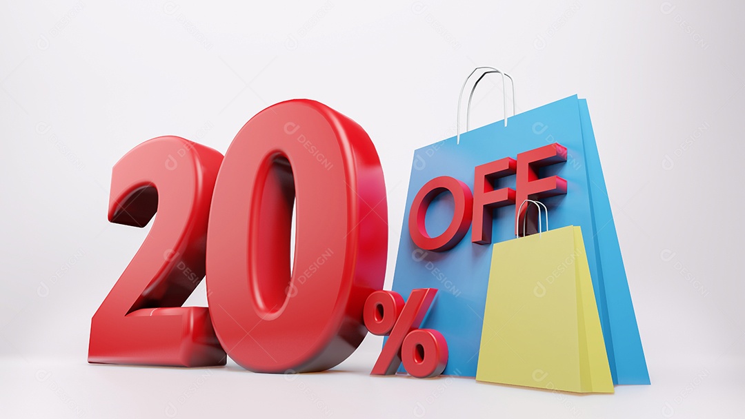 Símbolo de 20% com saco de compras, fundo isolado de renderização 3D