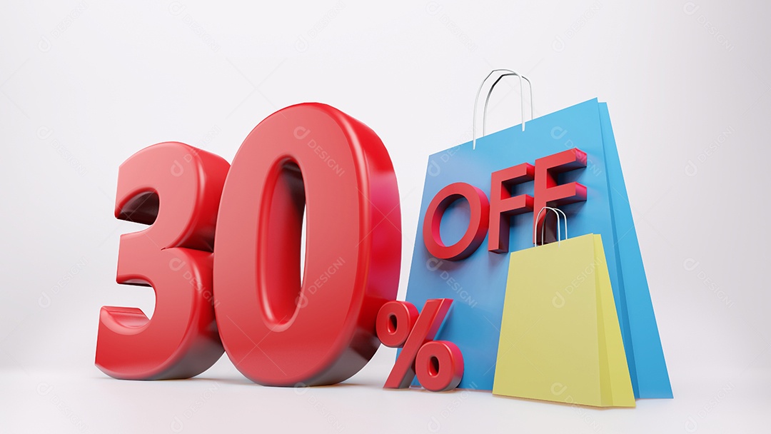 símbolo de 30% com saco de compras, fundo isolado de renderização 3D