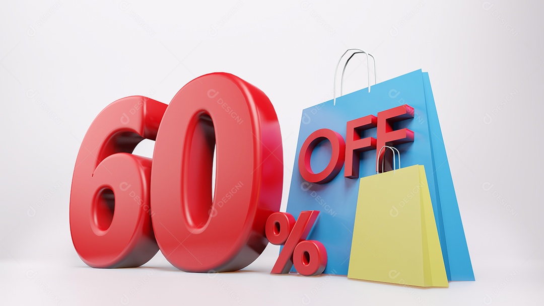 Símbolo de 60% com saco de compras, fundo isolado de renderização 3D