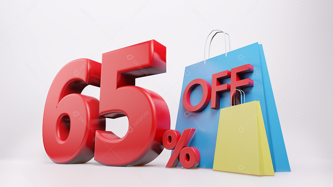 65% símbolo com saco de compras, 3D renderização de fundo isolado