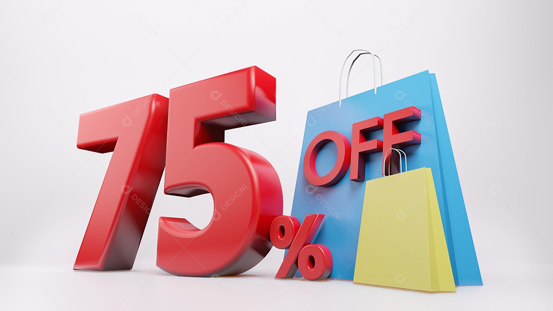 símbolo de 75% com saco de compras, fundo isolado de renderização 3D