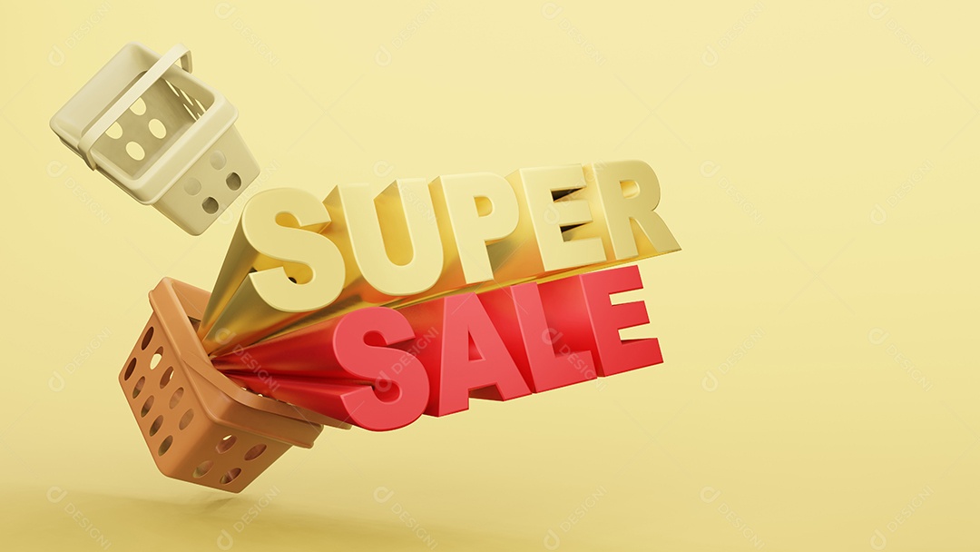 loja de plástico de cesta de compras vazia com redação super venda renderização em 3d