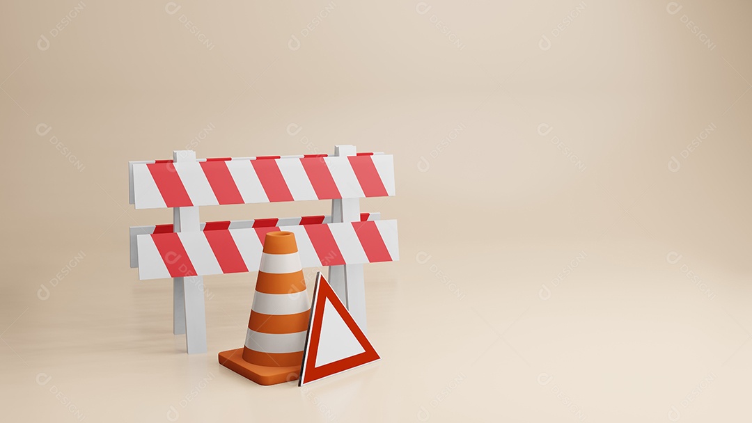 Cones de estrada de cones de trânsito e renderização em 3d de sinal de estrada