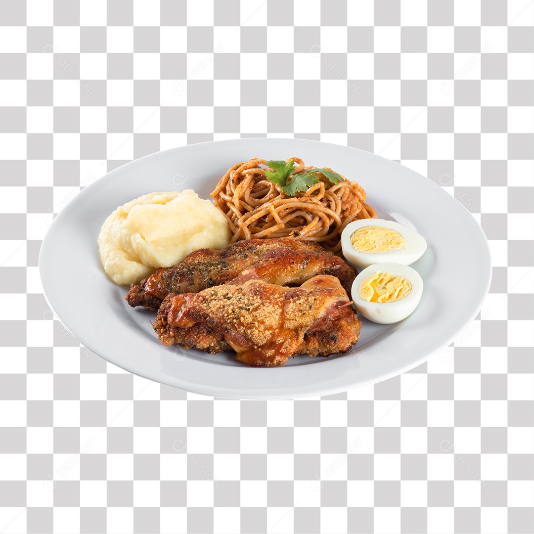 Prato peito de frango, macarrão, ovo e purê PNG Transparente