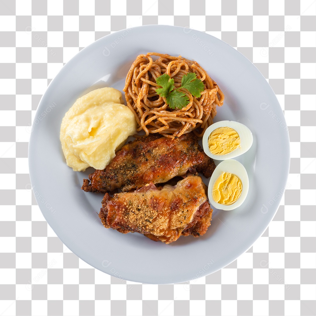 Prato peito de frango, macarrão, ovo e purê PNG Transparente