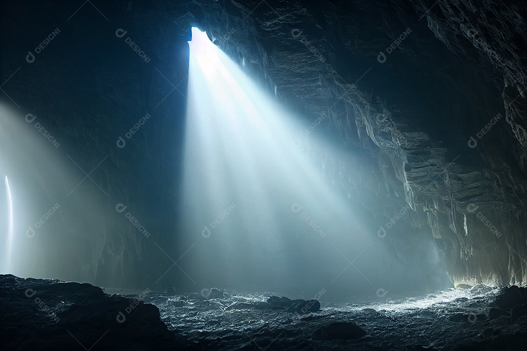 Luz dramática na paisagem escura da caverna, misteriosa e surreal