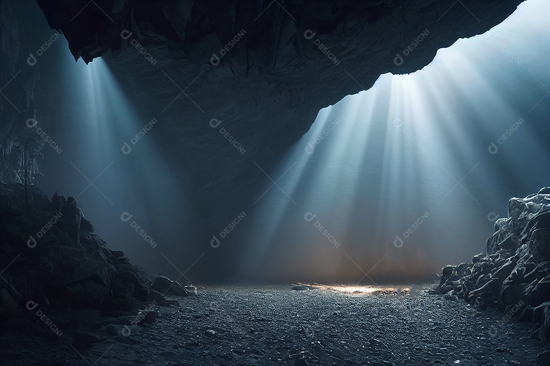 Luz dramática na paisagem escura da caverna, misteriosa e surreal