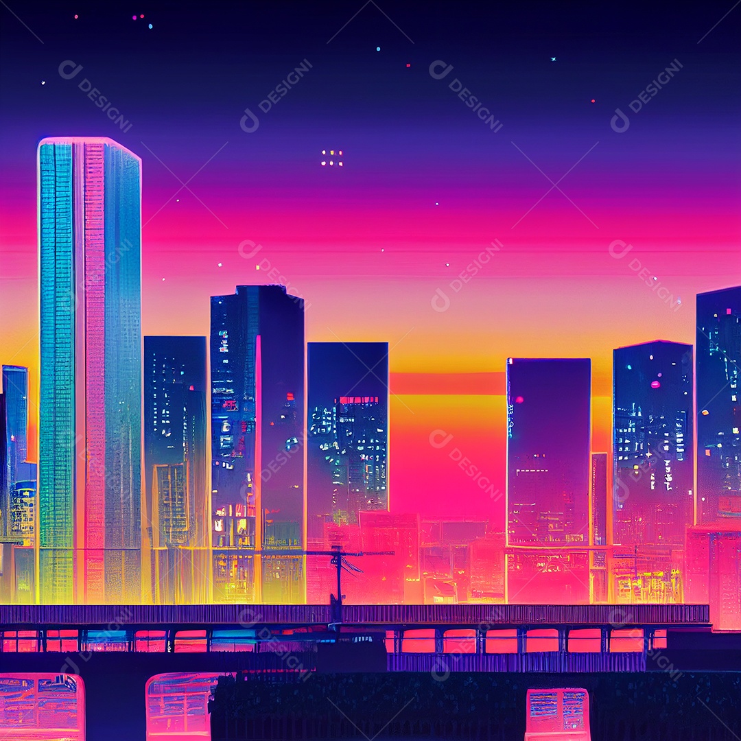 Resumo da paisagem urbana no estilo pop da cidade retrowave, cyberp moderno