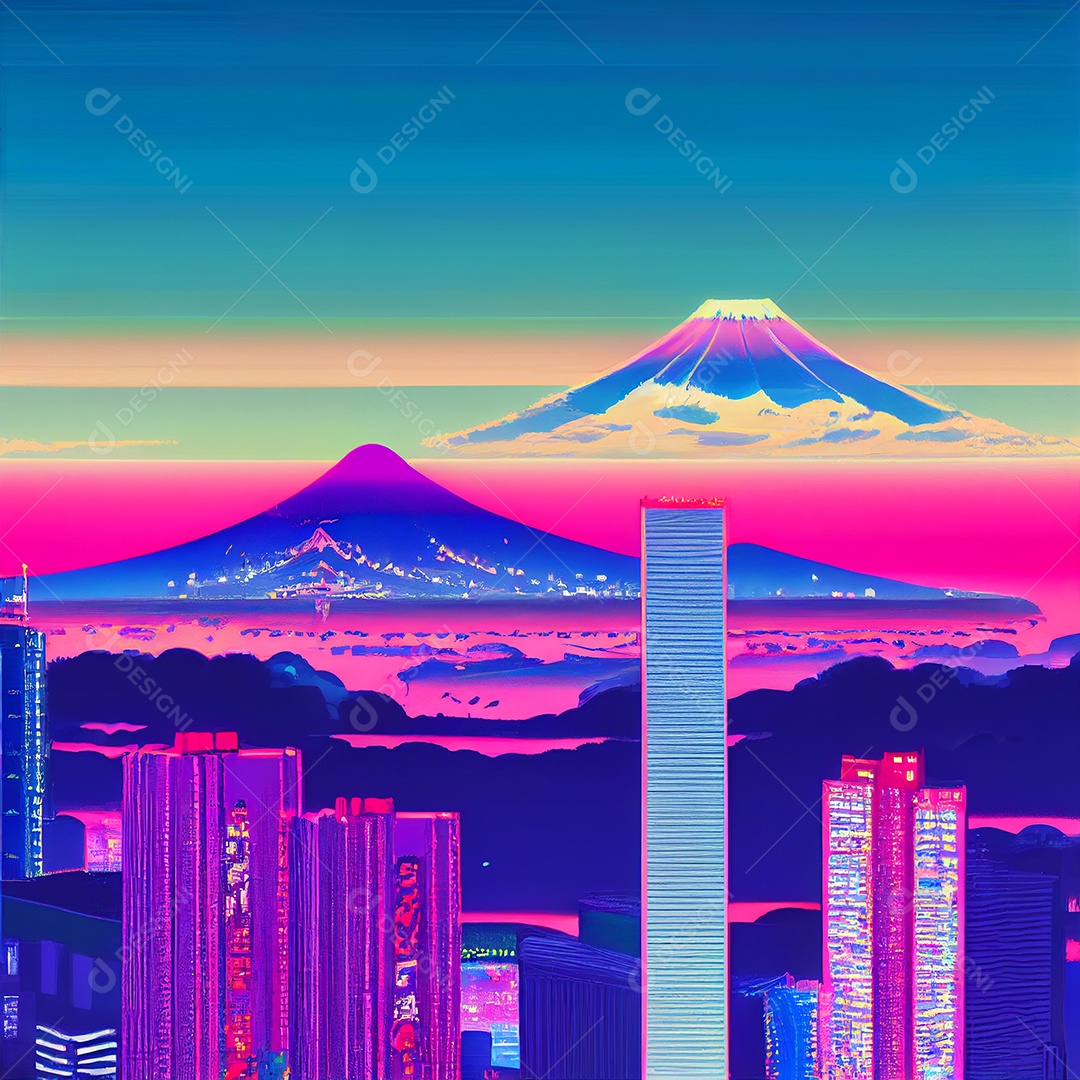 Resumo da paisagem urbana do Japão no estilo pop da cidade retrowave, moderno