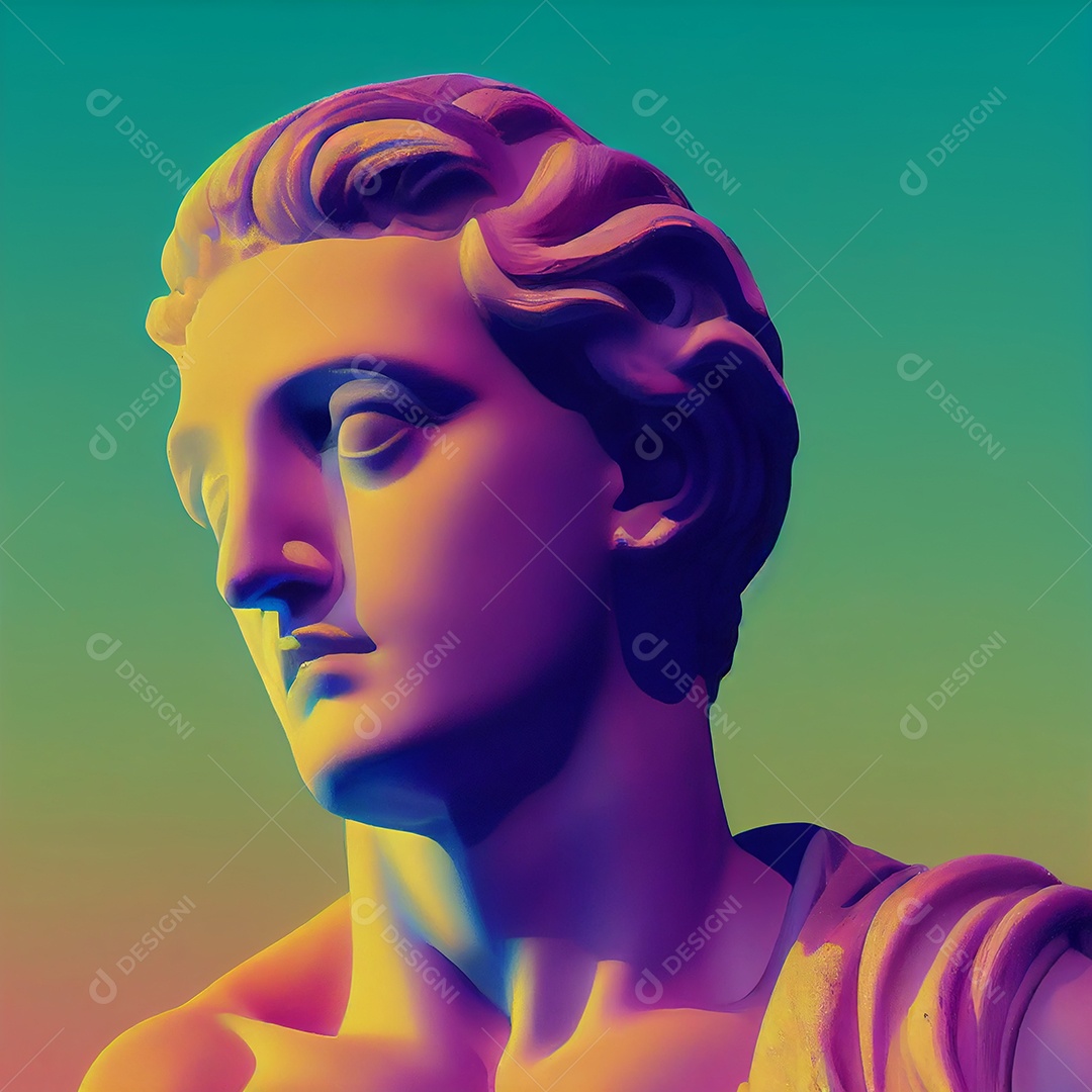 Escultura de deus grego em design pop da cidade retrowave, estilo vaporwave