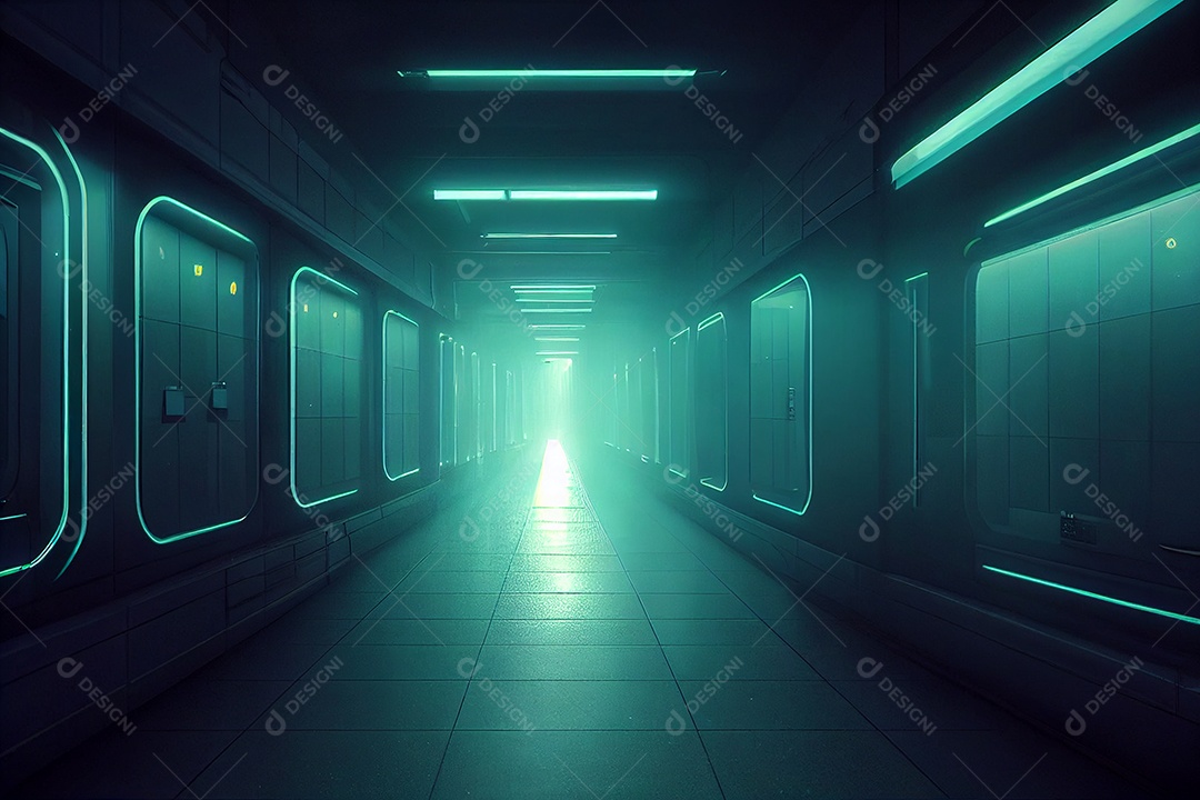 Quarto escuro do corredor futurista abstrato da ficção científica na estação espacial