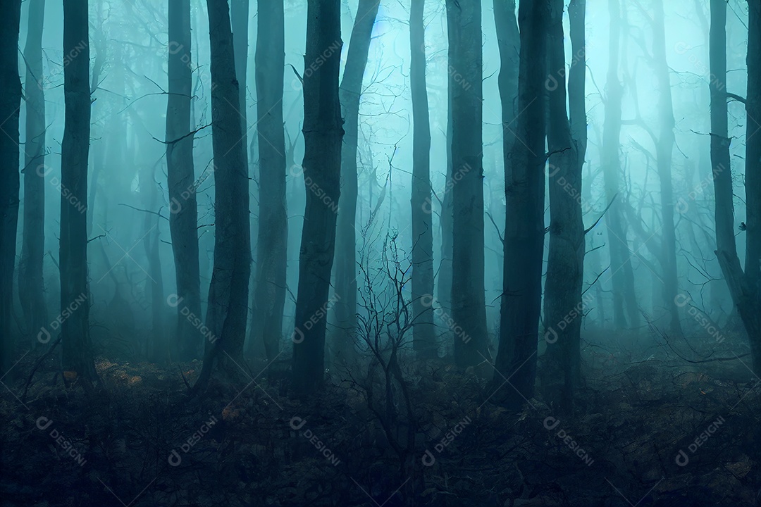 Paisagem do fundo escuro da floresta de névoa assombrada, assustador