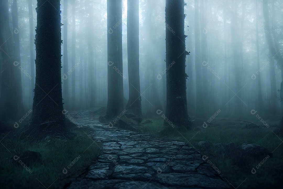 Paisagem do fundo escuro da floresta de névoa assombrada, assustador