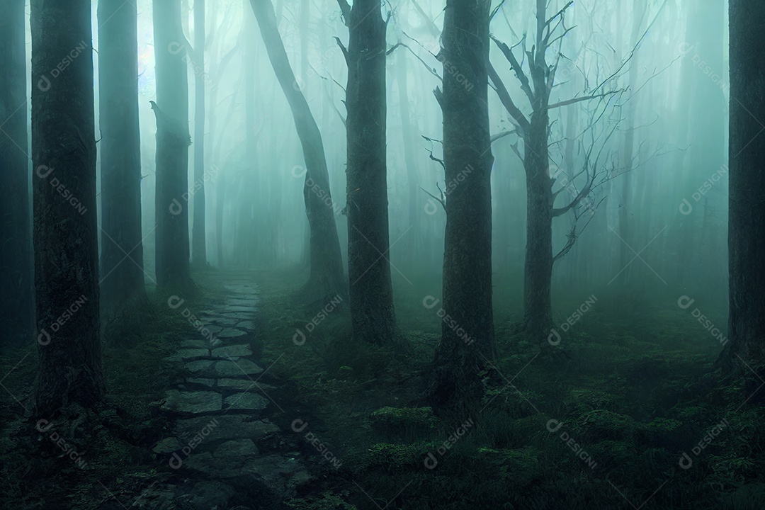 Paisagem do fundo escuro da floresta de névoa assombrada, assustador