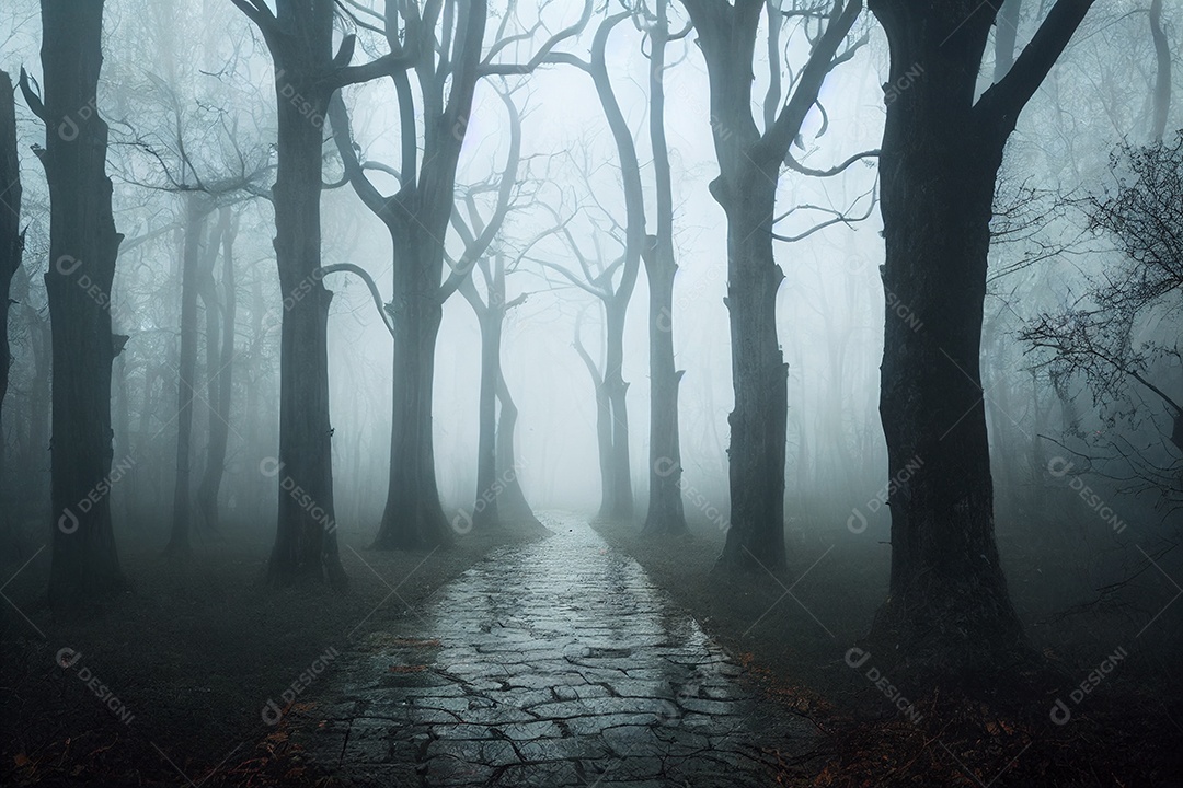 Paisagem do fundo escuro da floresta de névoa assombrada, assustador
