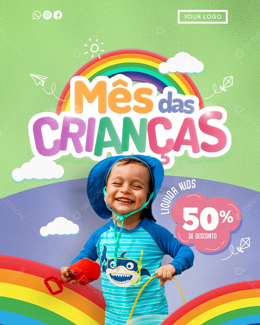 Social Media Mês Das Crianças Liquida Kids 50% de Desconto PSD Editável