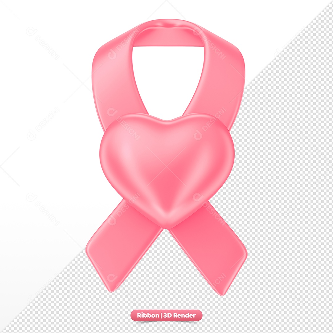 Laço Rosa com Coração 3D de Outubro Rosa Elemento para Composição PSD