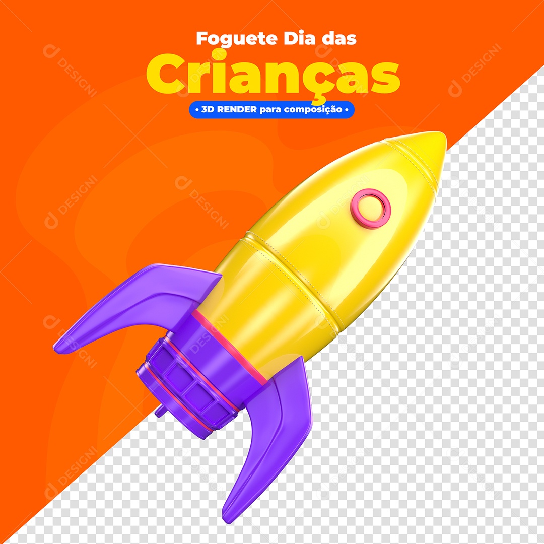 Foguete Dia das Crianças Elemento 3D para Composição PSD