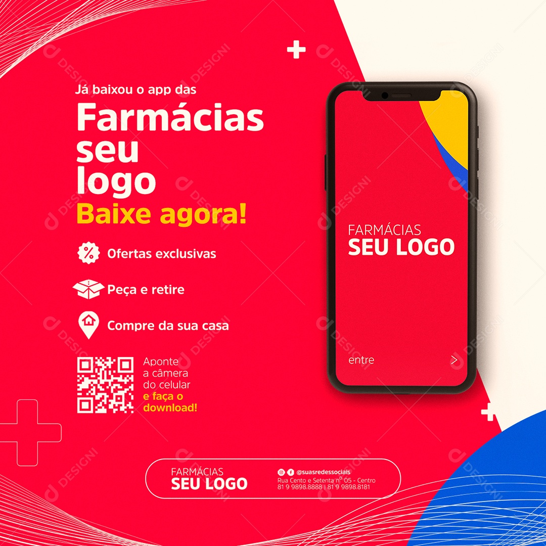 Já baixou o app das Farmácias Baixe Agora Social Media PSD Editável